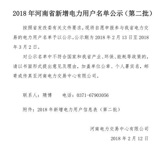 2018年河南省新增1224家電力用戶公示名單（第二批)