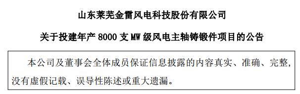 金雷風電：擬不超5.9億元 投建年產8000支MW級風電主軸鑄鍛件項目