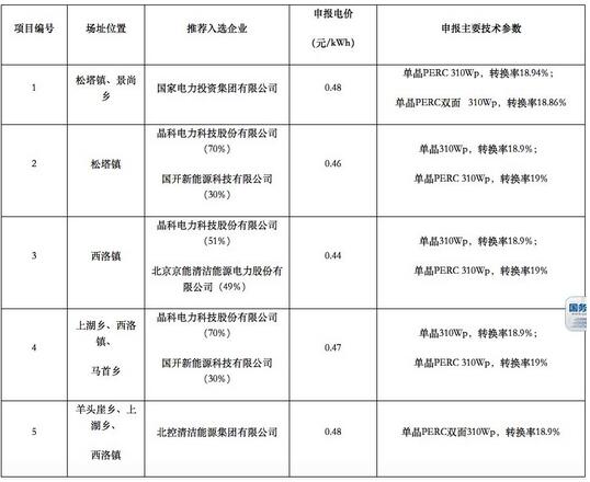 18家企業10個光伏應用領跑基地中標情況