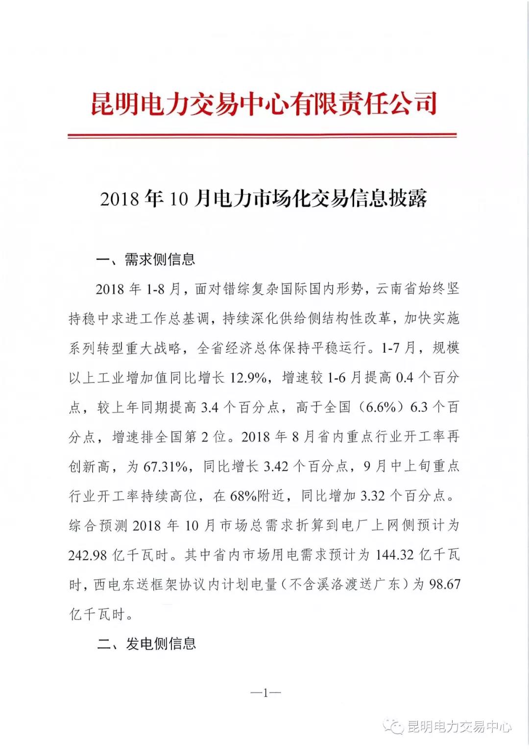 云南2018年10月電力市場(chǎng)化交易信息披露