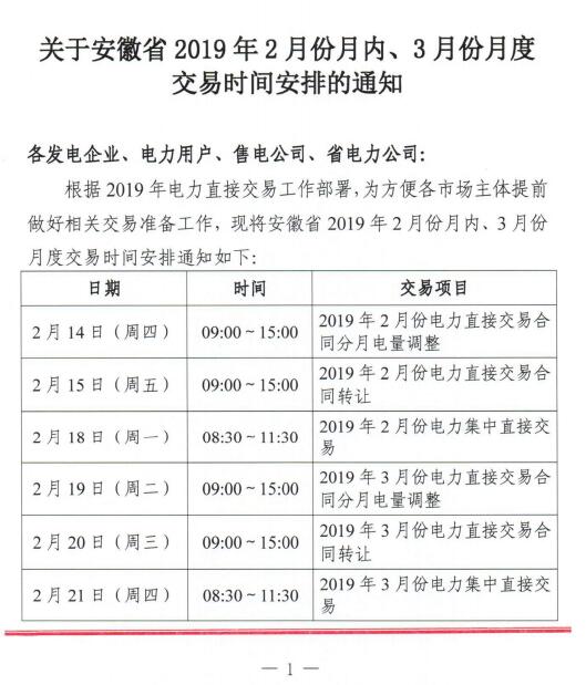  安徽2019年2月份月內、3月份月度交易時間安排