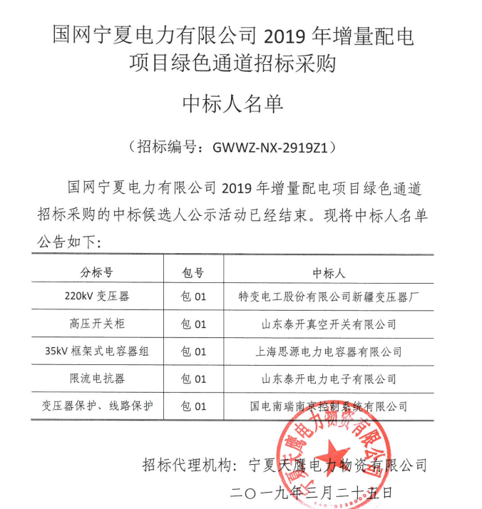 國網(wǎng)寧夏2019年增量配電項目綠色通道中標(biāo)人名單